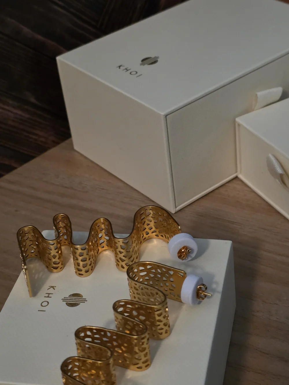 Gold Wave Hoop Earrings with White Backing
